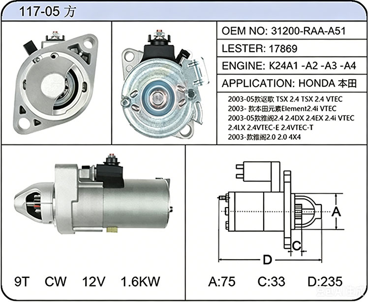 S017-05 方（31200-RAA-A51 17869）